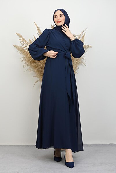 GİYZAMİLA Tie Detail Chiffon Dress Navy Blue