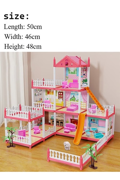 Generic Doll House with Light DIY Princess House Toy with 1 string light 3 Floors 7 Rooms 2 Dolls 3 Terraces