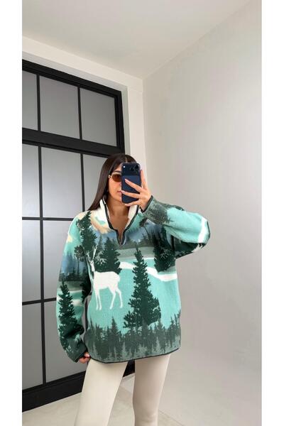 Gaus Turquoise Zippered Deer Patterned Fleece Sweatshirt Gaus-00870 Gaus-00723