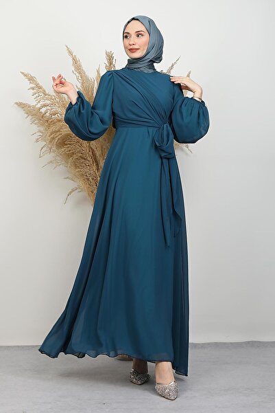 GİYZAMİLA Tie Detail Chiffon Dress Petrol