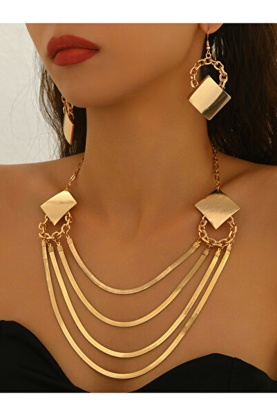 Take Two By Styli طقم قلادة وأقراط هندسية متعددة الطبقات من الذهب