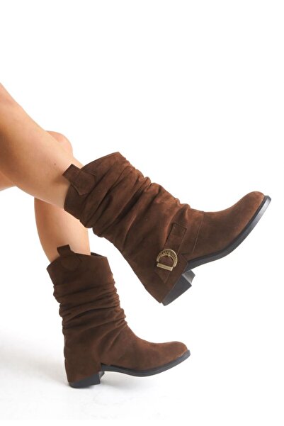 Rimex Kadın Bağcıksız Esnek Süet Western Bot – Kahve