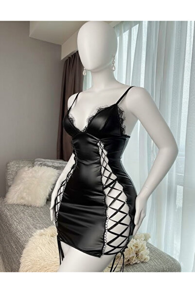 PASSIONE Siyah Dantelli Deri Görünümlü Fantazi Gecelik – Askılı Bağcıklı Mini Gecelik - 21040