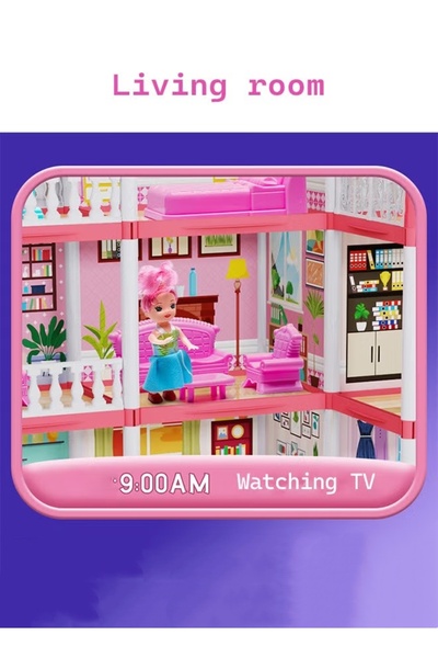 Generic Doll House with Light DIY Princess House Toy with 1 string light 3 Floors 7 Rooms 2 Dolls 3 Terraces