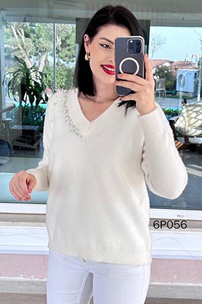 İnce Topuk Prive Series Pearl Beard Knitwear Blouse 6P056