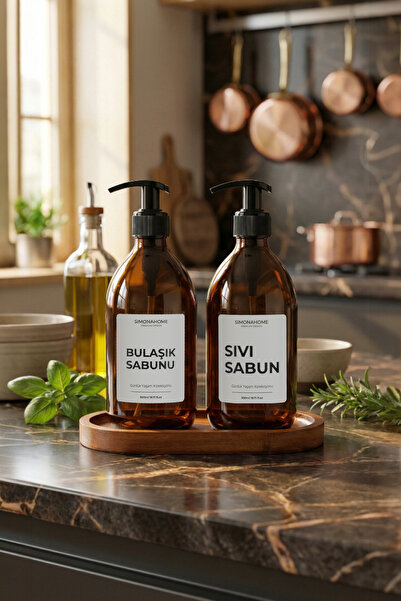 Simona Home زجاجتان كهرمانية اللون مع حامل خشبي لصابون الأطباق والصابون السائ...