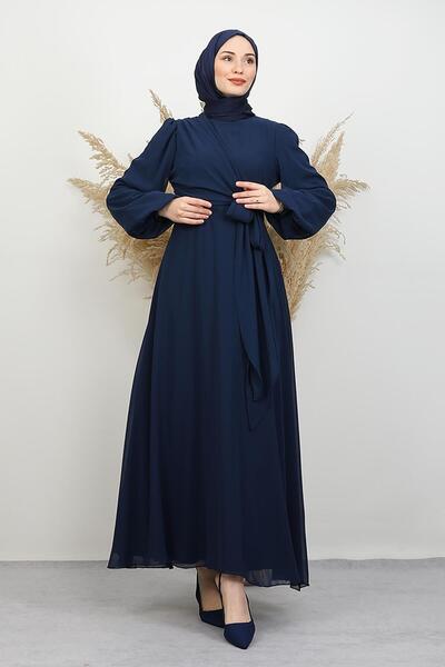 GİYZAMİLA Tie Detail Chiffon Dress Navy Blue
