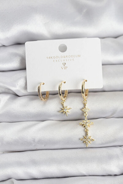 Clariss Kutup Yıldızı Model Gold Renk Pirinç 3'lü Kadın Küpe Seti