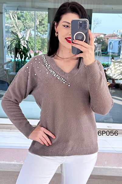 İnce Topuk Prive Series Pearl Beard Knitwear Blouse 6P056