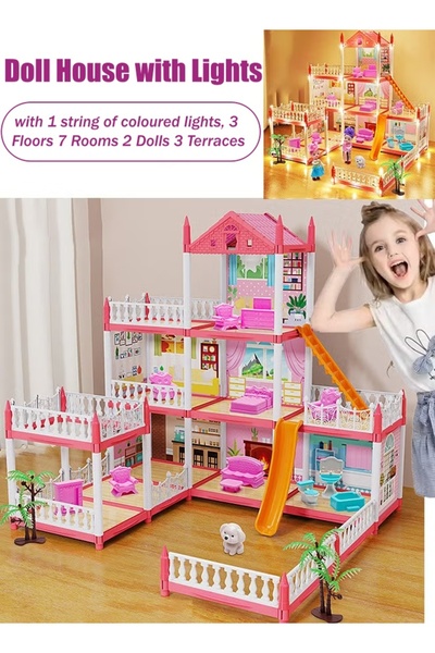 Generic Doll House with Light DIY Princess House Toy with 1 string light 3 Floors 7 Rooms 2 Dolls 3 Terraces
