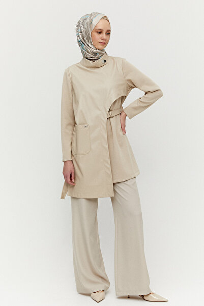 Setrms Asimetrik Suni Deri Detaylı Kemerli Tunik