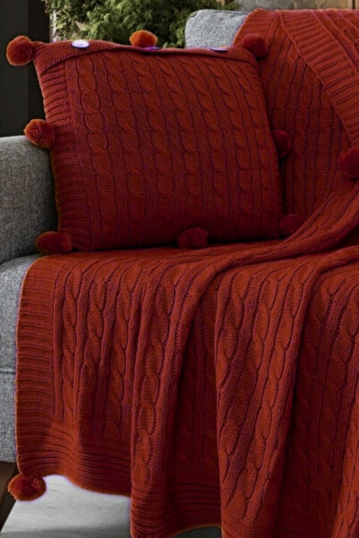 Sevim Set of 2 Pompom Knitwear Knitted Throw Pillow Cover & Tv Blanket - Shoulder & Sofa Wrap Set - Tile