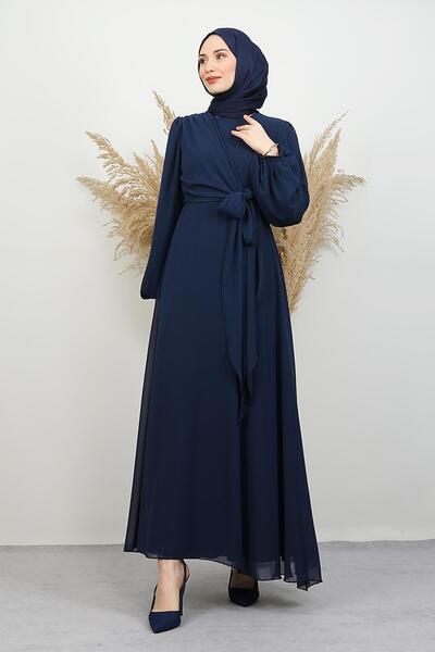 GİYZAMİLA Tie Detail Chiffon Dress Navy Blue