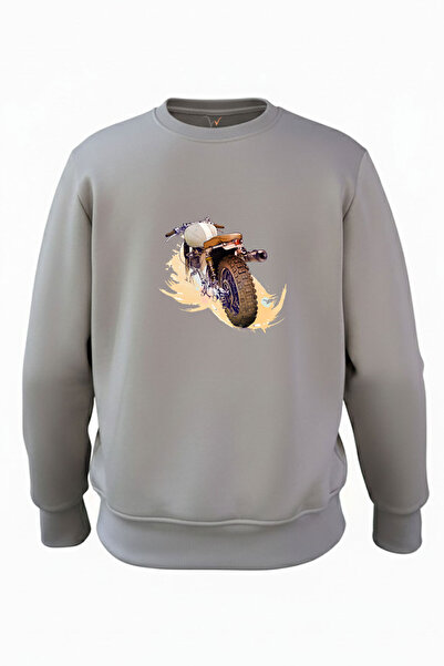 WİDİ Motorcycle Old Chopper Printed 100% Cotton Regular Fit Crew Neck 3 Thread Ş Fleece-Lined Sweatshirt