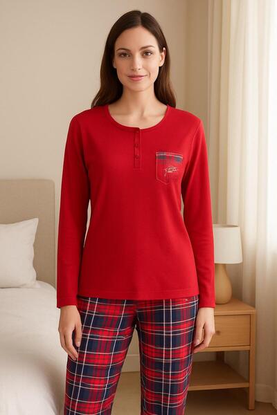 MODA 3 Buttons Long Sleeve Cotton Women Pajama Set