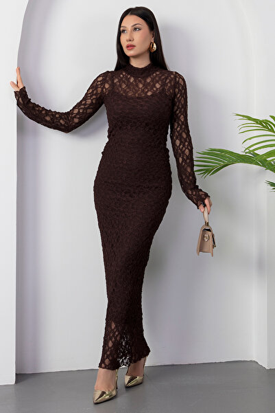 PULLIMM ψηλός λαιμός Φόρεμα με μακρύ μανίκι με επένδυση από δαντέλα DKS1362-1