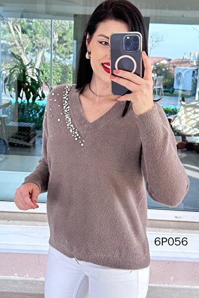 İnce Topuk Prive Series Pearl Beard Knitwear Blouse 6P056