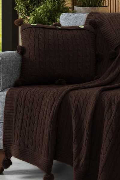 Sevim Set of 2 Pom-Pom Knitted Throw Pillow Covers & Tv Blanket - Shoulder & Sofa Wrap Set - Brown