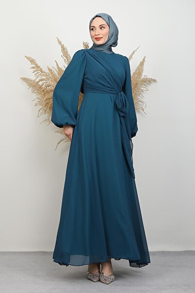 GİYZAMİLA Tie Detail Chiffon Dress Petrol