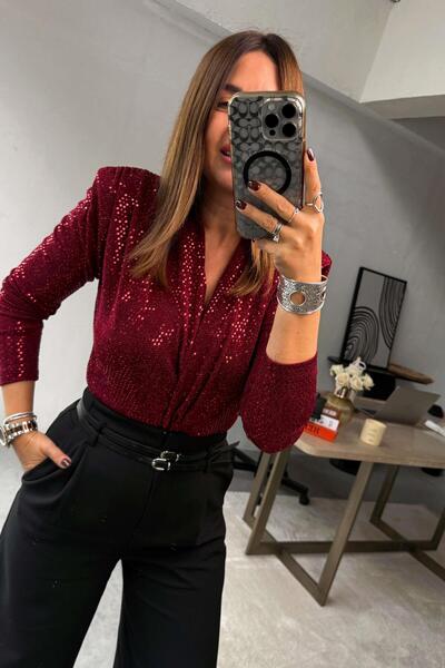 ELVAN TOLON بدلة بودي سوت براقة باللون العنابي