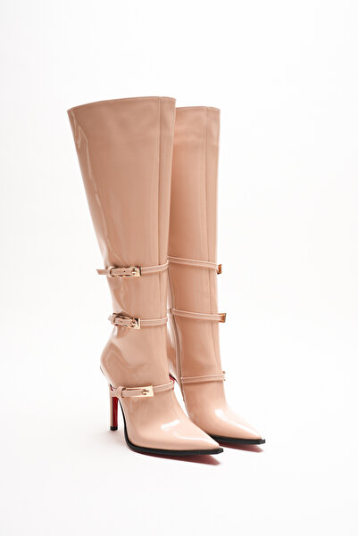 Ayakkabı Ateşi Γυναικείες μαύρες δερμάτινες μπότες με μυτερή μύτη με 3 αγκράφες με λεπτό τακούνι Tokai