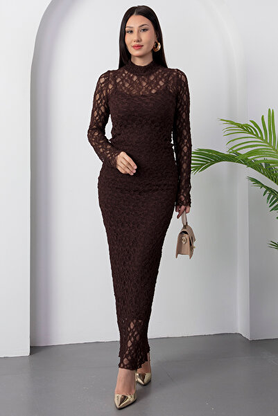 PULLIMM ψηλός λαιμός Φόρεμα με μακρύ μανίκι με επένδυση από δαντέλα DKS1362-1