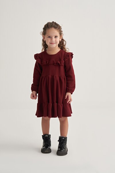 EBU Prive Girl's Corded Fabric Layers Ruffle Dress Burgundy