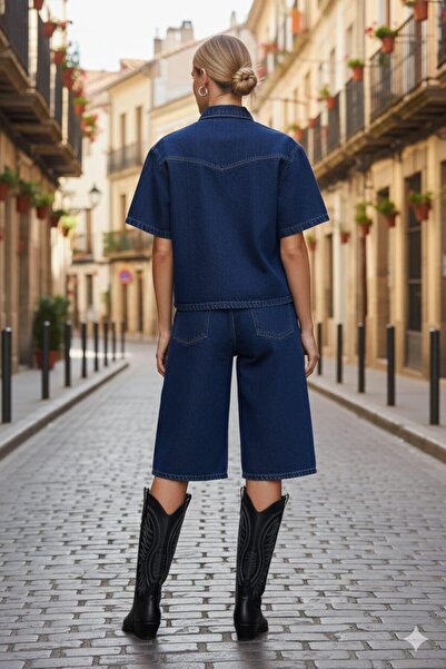 Polo State Women's Navy Blue Denim Shirt & Wide Leg Bermuda Jean Denim Shorts Two-Piece Set