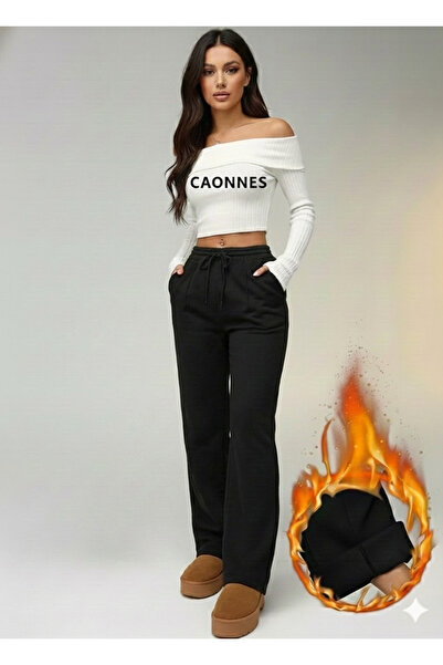 yx yustex sport KIŞLIK İÇİ ŞARDONLU Siyah Kadın Rahat Kalıp Bol Paça Eşofman Altı Baggy Kalıp Bol Paça