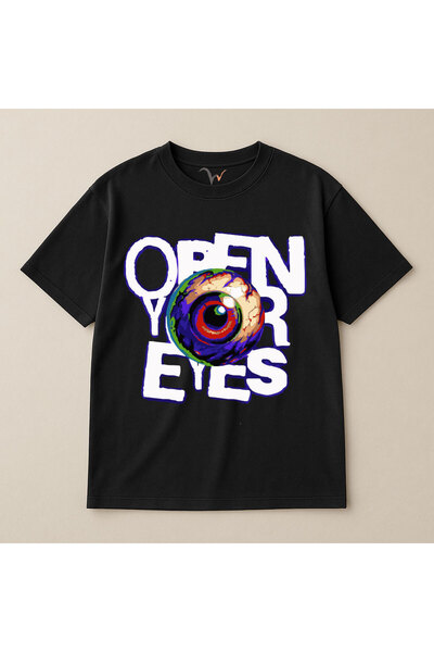WİDİ Tricou unisex Open Your Eyes cu ilustrație colorată pentru ochi % bumbac...