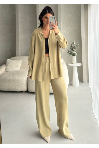 BEJNA Women's Oil Green Metal Button Detailed Flowy Silky Modal Bottom Top Set