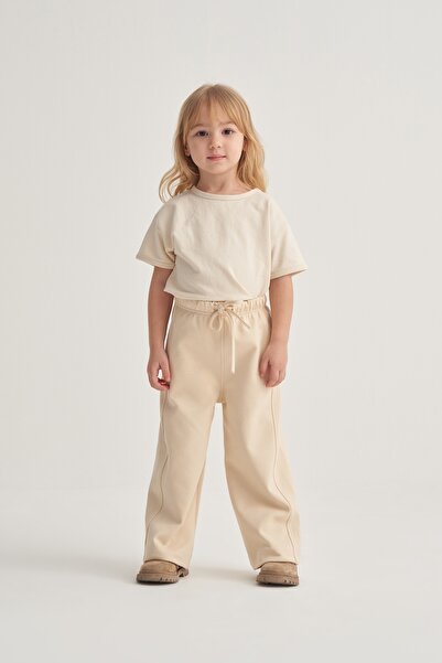 EBU Prive بنطلون بناتي واسع الساقين من نوع إنترلوك باللون البيج