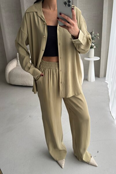 BEJNA Women's Oil Green Metal Button Detailed Flowy Silky Modal Bottom Top Set