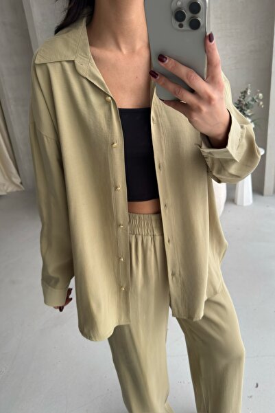 BEJNA Women's Oil Green Metal Button Detailed Flowy Silky Modal Bottom Top Set