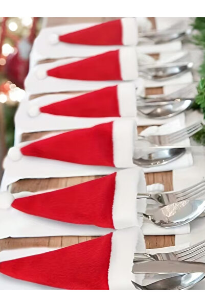 MENAR 6 Adet Yılbaşı Temalı Kaşıklık Servis Sunum Çatal Bıçak Kaşık Kılıfı Kırmızı Mini Noel Şapkası