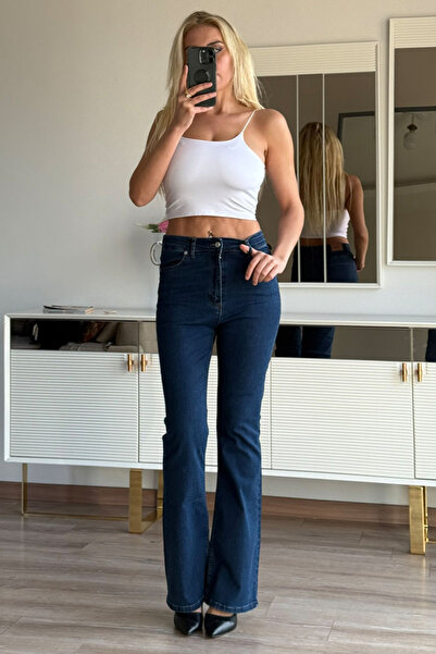 CİDDE Pantaloni de damă talie înaltă evazat L material elastic ALBASTRU ÎNCHIS