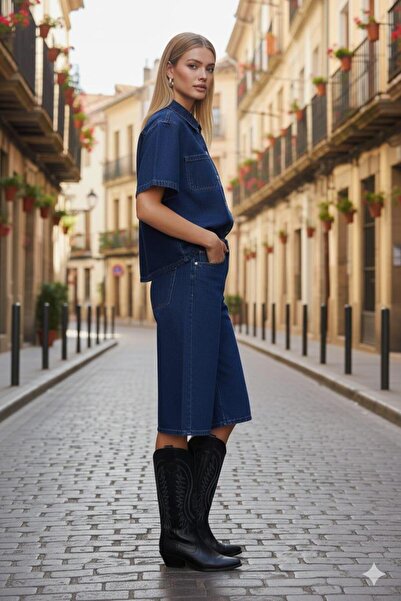 Polo State Women's Navy Blue Denim Shirt & Wide Leg Bermuda Jean Denim Shorts Two-Piece Set