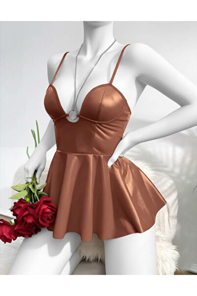 PASSIONE Bronz Deri Görünümlü Fantazi Gecelik Askılı Mini Elbise Açık Sırt De...