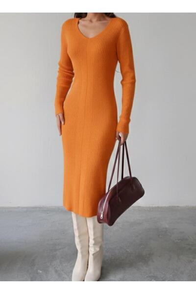 Maysev V Yaka Midi Boy Fit Kesim Soft Tuşe Yumuşak Dokulu Ribana Örgü Triko Elbise