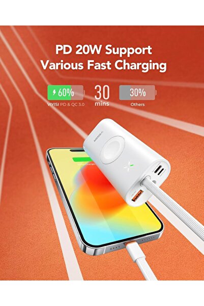 Veger 10000mAh 25W Magnetic 3-in-1 Power Bank for iPhone & Apple Watch (White)