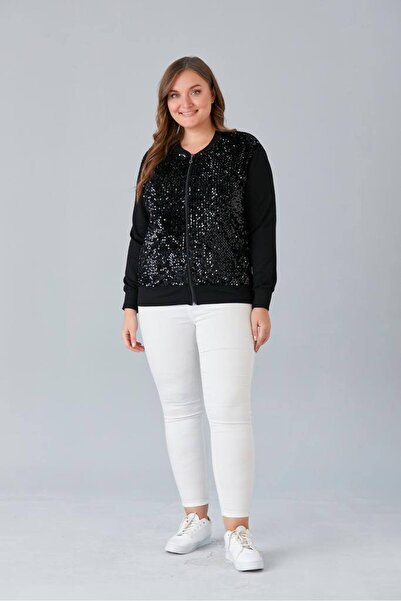 QUAWEAR Crew Neck Sequin Embroidered Zippered Combed Cotton Fabric Jacket
