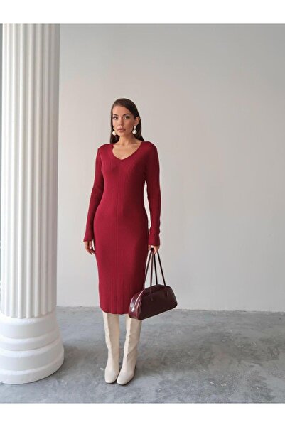 Maysev V Yaka Midi Boy Fit Kesim Soft Tuşe Yumuşak Dokulu Ribana Örgü Triko Elbise