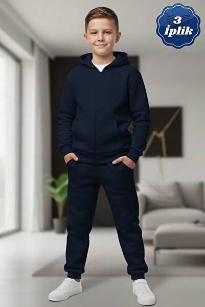 cm buseyiz Boy's Hooded 3 Thread Ş Fleece-Lined Zippered Tracksuit Set