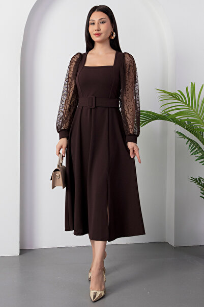 PULLIMM Φόρεμα Scuba με τετράγωνο λαιμόκοψη και λαμπερή ζώνη 2025-4374