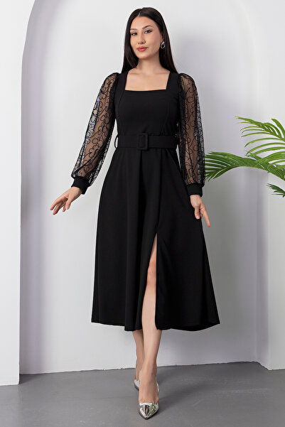 PULLIMM Square Neck Sleeves Flocking Belted Scuba Dress 2025-4374