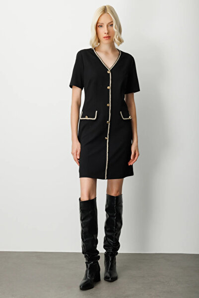 Ekol V-Neck Piped Midi Dress-4021