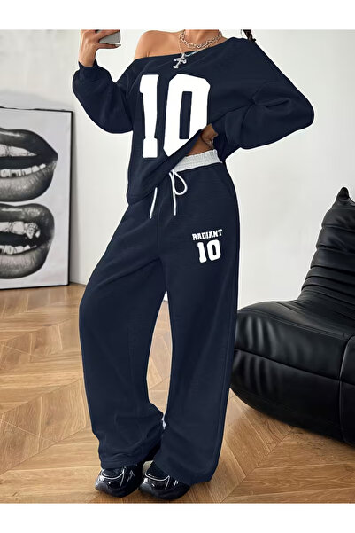 Machetta Women's Navy Blue 10 Printed Boat Neck Sweatshirt White Waist Detailed Sweatpants Two-Piece Bottom-Top Set