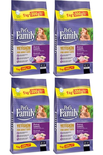 Pets Family Pet’s Family Yetişkin Kedi Maması 1 Kg + 300 g Gurme Lezzetli – 4’lü Ekonomik Paket (Toplam 5,2 Kg)
