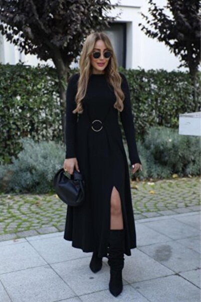 Mossta Φόρεμα με μακρύ μανίκι από βισκόζη με διακοσμητικό σχιστόλοιπο λουράκι - Μαύρο