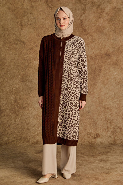 Setrms Leopar Desenli Agraf Kopçalı Uzun Triko Hırka